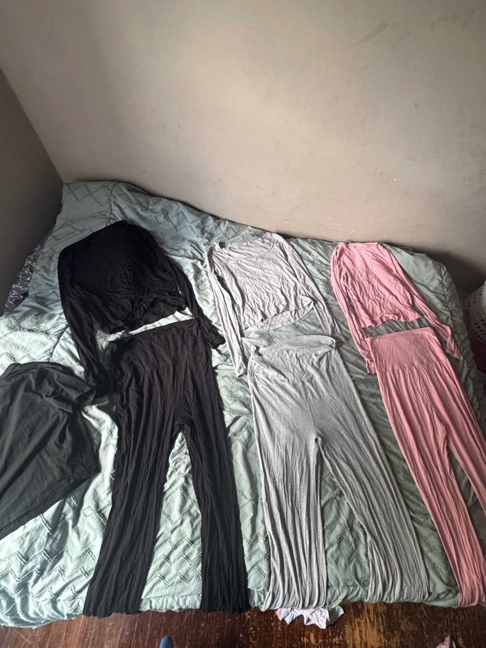 Matching sets fold over pants pink black grey